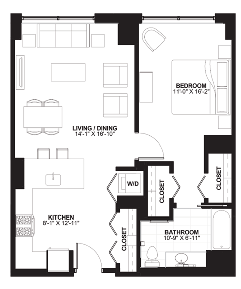 Floor plan for 1 bed, 1 bath, 792 sqft